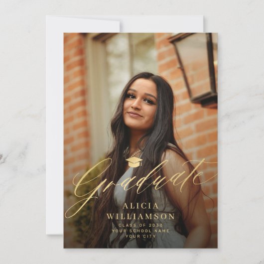 2 foto Elegant script Goud en zwart afstuderen Aankondiging (Voorkant)