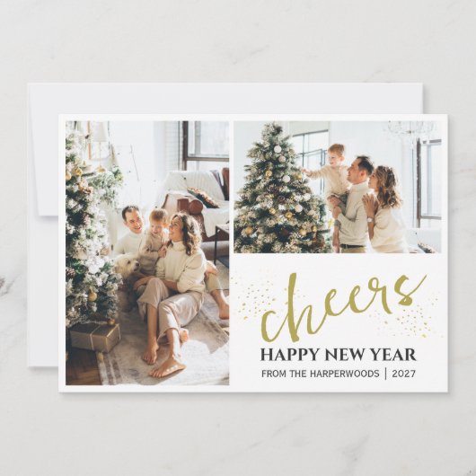 2 Foto Elegant Script Modern Gelukkig Nieuwjaar Feestdagenkaart (Voorkant)