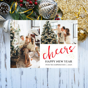 2 Foto Elegant Script Modern Gelukkig Nieuwjaar Feestdagenkaart