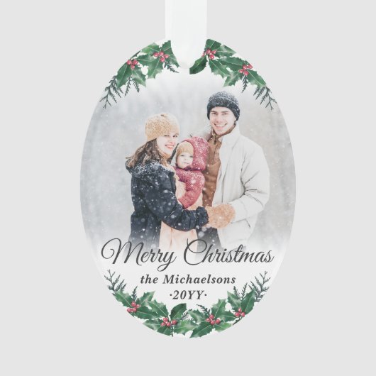 2 Foto Elegante Holly Greenery Vrolijk Kerstfeest Ornament (voorkant)