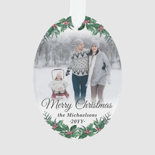 2 Foto Elegante Holly Greenery Vrolijk Kerstfeest Ornament (achterkant)