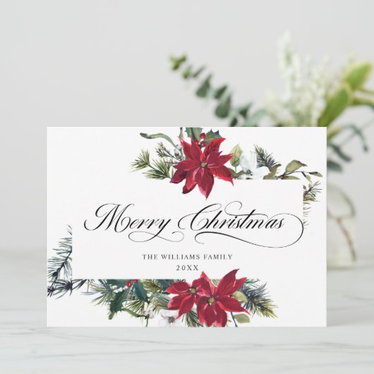 2 FOTO Elegante Poinsettia Kerstgroet Feestdagenkaart (Staand voorkant)