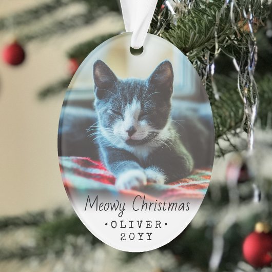 2 Foto Elke tekst Meowy kerstkat Black White Ornament