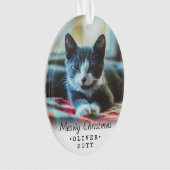2 Foto Elke tekst Meowy kerstkat Black White Ornament (voorkant)