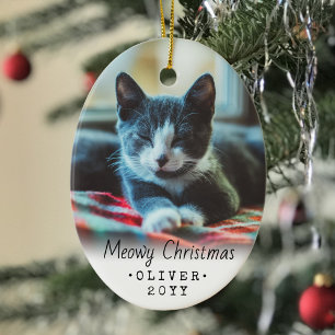 2 Foto Elke Tekst Meowy Kerstmis Kat Eenvoudig Wit Keramisch Ornament