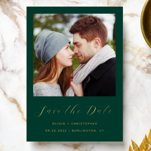 2-Foto Emerald Green Gold Script Bewaar de datum Folie Uitnodiging