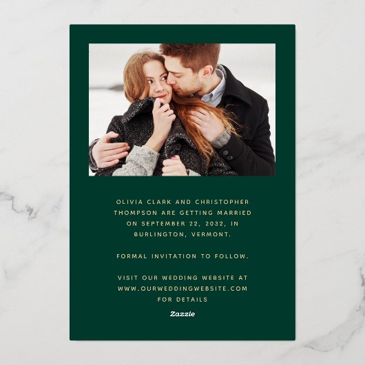 2-Foto Emerald Green Gold Script Bewaar de datum Folie Uitnodiging (Achterkant)