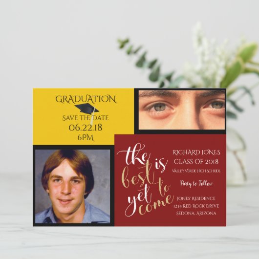 2 FOTO EN KIES KLEUR Geel Rood Afstuderen Kaart (Staand voorkant)