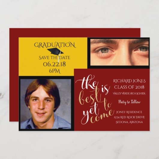 2 FOTO EN KIES KLEUR Geel Rood Afstuderen Kaart (Voorkant / Achterkant)