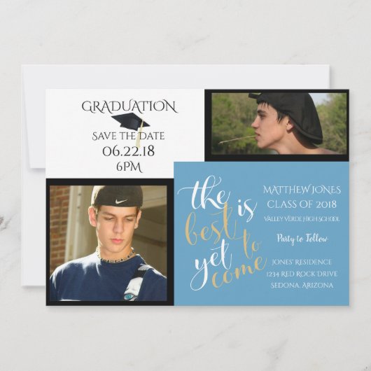 2 FOTO EN KIES KLEUR Wit Blauw Afstuderen Kaart (Voorkant)