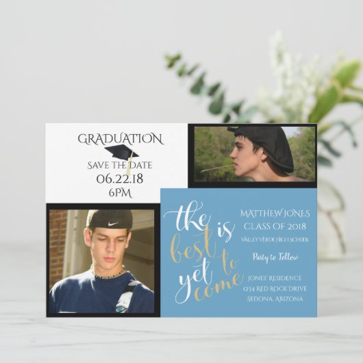 2 FOTO EN KIES KLEUR Wit Blauw Afstuderen Kaart (Staand voorkant)