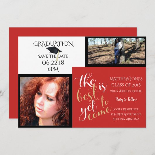 2 FOTO EN KIES KLEUR Wit Rood Afstuderen Kaart (Voorkant / Achterkant)