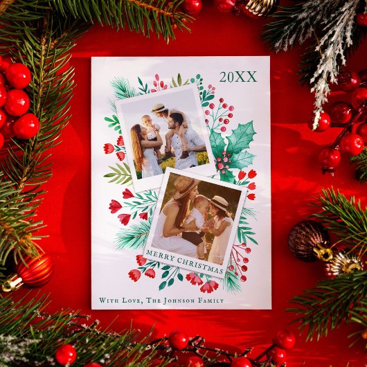 2 foto familie kerst Kaart Waterverf gebladerte