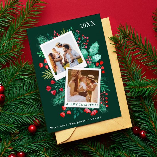2 foto familie kerst Kaart Waterverf gebladerte