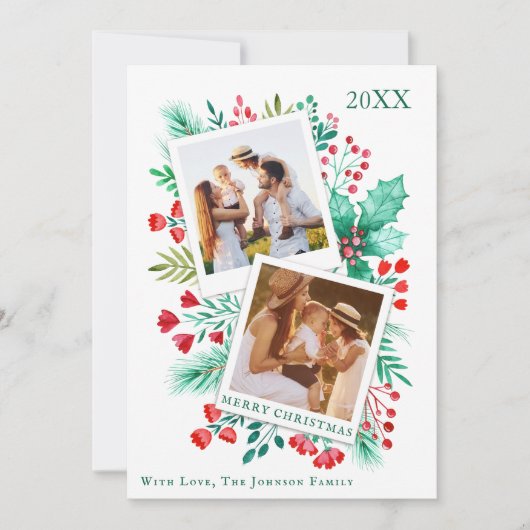 2 foto familie kerst Kaart Waterverf gebladerte (Voorkant)