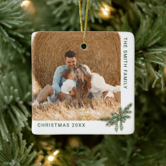 2 Foto Familie Kerst Roestige Boog Pijnboomtak Keramisch Ornament