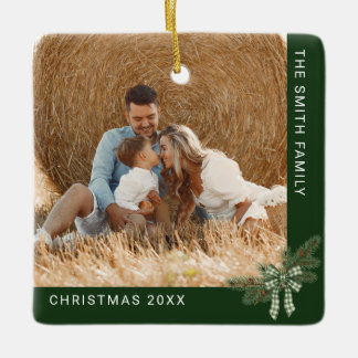 2 Foto Familie Kerstmis Rustieke Dennen Tak Groen Keramisch Ornament