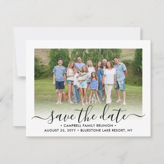 2 Foto Familie reünie Party Modern Elegant Script Save The Date (Voorkant)