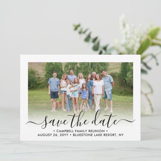 2 Foto Familie reünie Party Modern Elegant Script Save The Date (Staand voorkant)