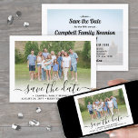 2 Foto Familie reünie Party Modern Elegant Script Save The Date<br><div class="desc">Nodig familieleden uit om de datum voor een reünie picknick, bbq of feest met deze elegante moderne 2 fotouitnodiging te bewaren. Alle tekst en afbeeldingen zijn gemakkelijk aan te passen. (AFBEELDING PLACEMENT TIP: een gemakkelijke manier om foto's te centreren hoe u wilt, is om hen te bebouwen alvorens aan de...</div>