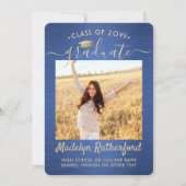 2 Foto geborsteld Blauw Gold Script Modern Afstude Aankondiging (Voorkant)