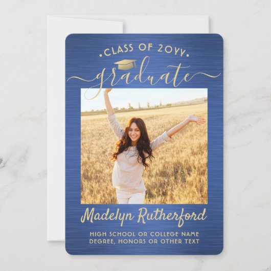 2 Foto geborsteld Blauw Gold Script Modern Afstude Aankondiging (Voorkant)