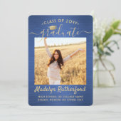 2 Foto geborsteld Blauw Gold Script Modern Afstude Aankondiging (Staand voorkant)