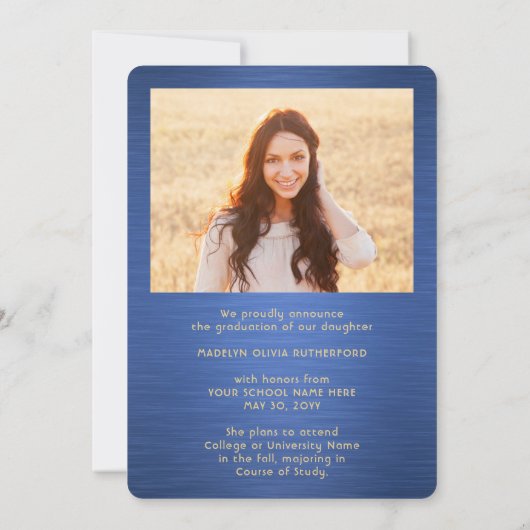 2 Foto geborsteld Blauw Gold Script Modern Afstude Aankondiging (Achterkant)