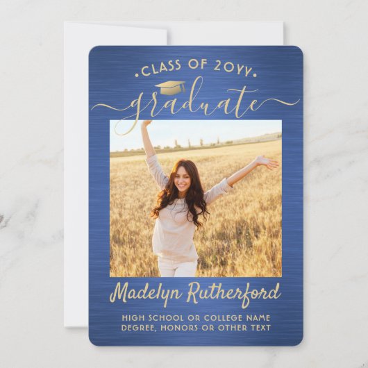 2 Foto geborsteld Blauw Gold Script Modern Afstude Aankondiging (Voorkant)