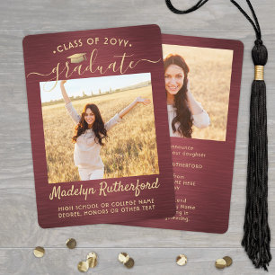 2 Foto geborsteld Bourgogne & Gold Script-Afstuder Aankondiging