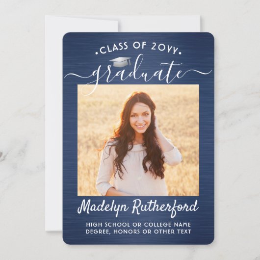 2 Foto geborsteld Navy Blue White Script-Afstudere Aankondiging (Voorkant)