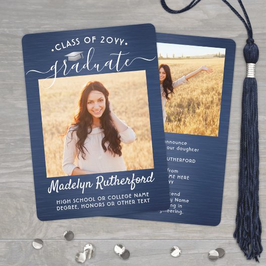 2 Foto geborsteld Navy Blue White Script-Afstudere Aankondiging