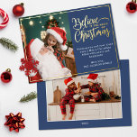 2 foto geloven in de magie van kersblauw folie feestdagenkaart<br><div class="desc">Een moderne kerstwenskaart met een van uw favoriete kerstfamilieportretten aan de linkerkant, aangevuld met een echt gouden folie lijst en een tekst met de tekst "Geloof in de magie van Kerstmis" aan de rechterkant op een elegante blauwe achtergrond, aanpasbaar met uw eigen wensboodschap. U kunt nog een afbeelding uploaden op...</div>