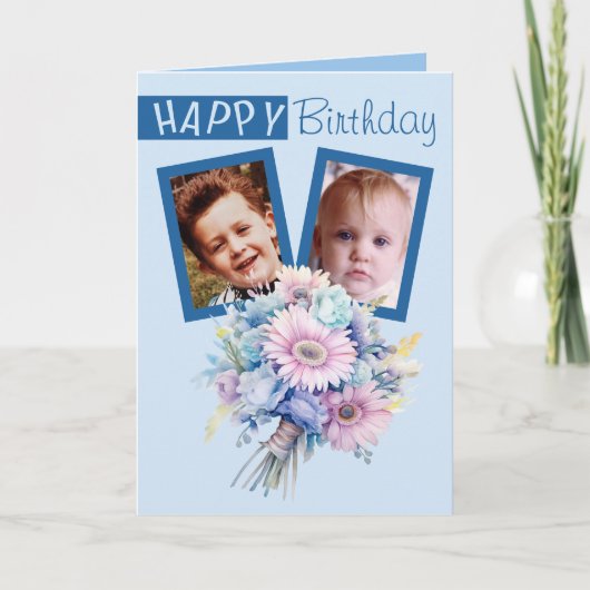 2 foto Gerbera blauwe verjaardag Kaart (Voorkant)