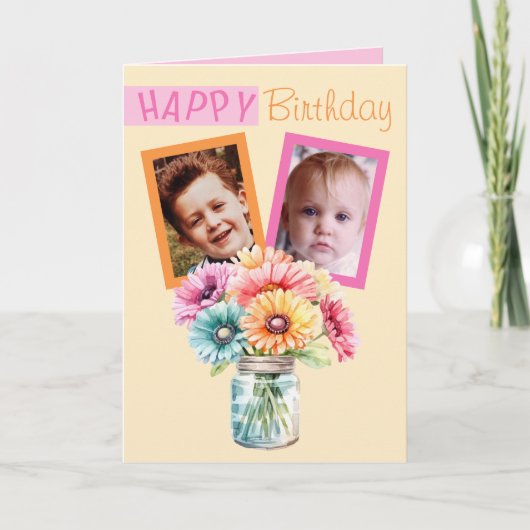 2 foto Gerbera oranje roze verjaardag Kaart (Voorkant)