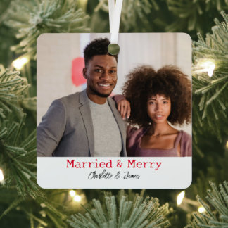 2 foto getrouwd en vrolijk eerste kerst getrouwd metalen ornament