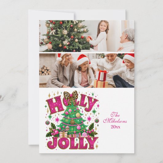 2 Foto Glitter Leopard Bow Holly Jolly Feestdagenkaart (Voorkant)