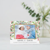2 Foto Gold Foil Holiday Wedding Save the Date Feestdagenkaart (Staand voorkant)