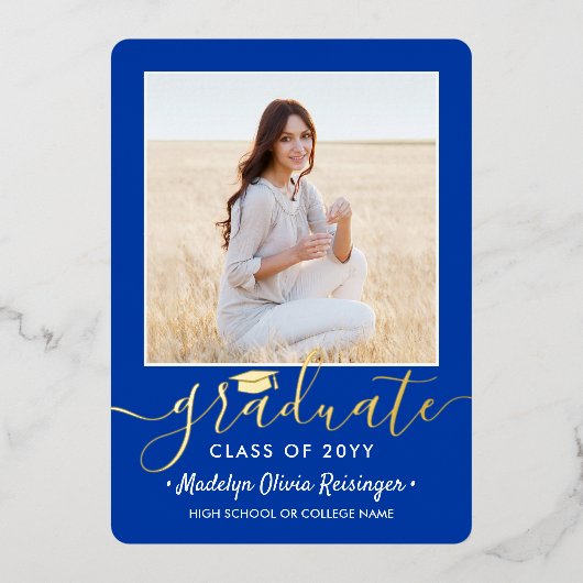 2 Foto Graduation Party Modern Royal Blue en Folie Uitnodiging (Voorkant)