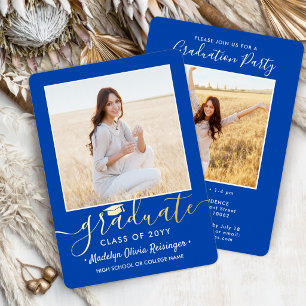 2 Foto Graduation Party Modern Royal Blue en Folie Uitnodiging