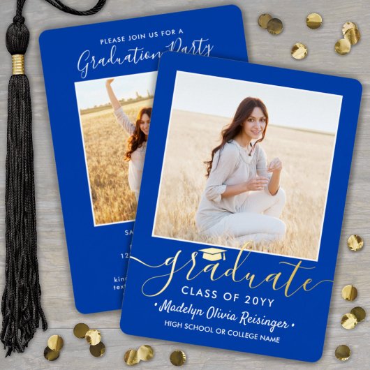 2 Foto Graduation Party Modern Royal Blue en Folie Uitnodiging