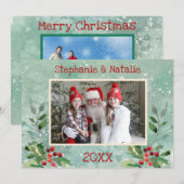 2 Foto Green Red Modern Floral Waterverf Foto Feestdagenkaart (Voorkant / Achterkant)