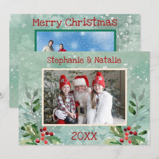 2 Foto Green Red Modern Floral Waterverf Foto Feestdagenkaart (Voorkant / Achterkant)