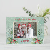 2 Foto Green Red Modern Floral Waterverf Foto Feestdagenkaart (Staand voorkant)