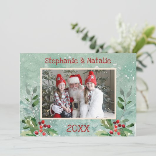 2 Foto Green Red Modern Floral Waterverf Foto Feestdagenkaart (Staand voorkant)