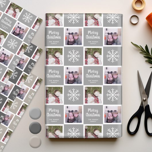 2 Foto grijze neutraals Merry kerstsnowflakes Inpakpapier Vel