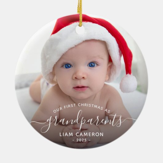 2 Foto grootouders Eerste Kerstwit script Keramisch Ornament (Achterkant)