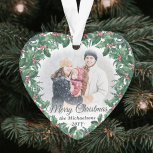 2 Foto Hulstgroen Krans Gelukkig Kerstmis Ornament
