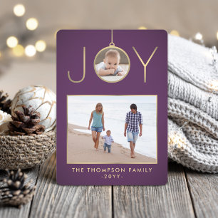 2 Foto Joy Kerst Ornament Chic Paarse & Goud Feestdagenkaart
