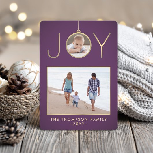 2 Foto Joy Kerst Ornament Chic Paarse & Goud Feestdagenkaart